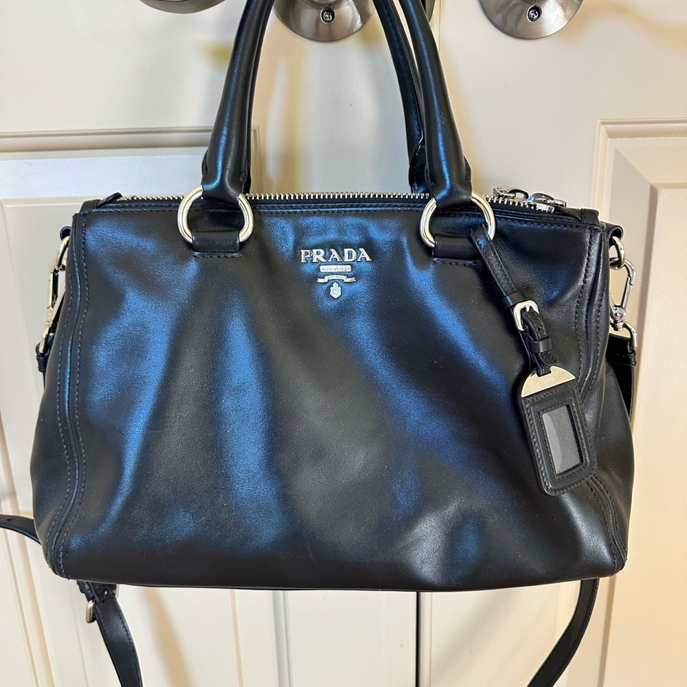 Authentic Prada Black Leather Satchel with Silver Hardware